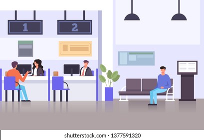 Bank specialist workers.  Consultants characters talking with consumers people. Financial banking credit concept. Vector flat graphic design illustration