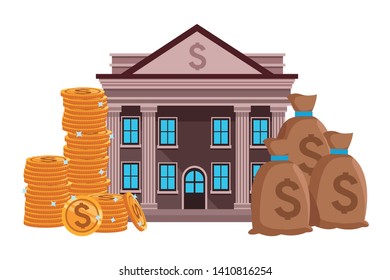 bank with stacked coins and money bags icon cartoon vector illustration graphic design