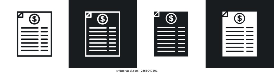 Bank statement icons pack in black and white filled and outlined versions.