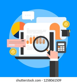 Bank statement online, analyzing financial document, bank cheque flat vector illustration with icons