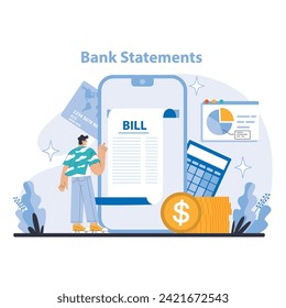 Bank Statements Concept. Detailed financial overview with digital bank statements. Easy tracking of expenses and income. Flat vector illustration.