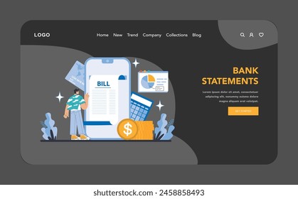 Bank Statements night or dark mode web or landing page. Detailed financial overview with digital bank statements. Easy tracking of expenses and income. Flat vector illustration.