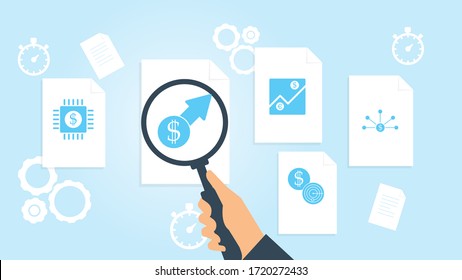 Bank structure, business file, document research vector illustrationDocument with search icons. File and magnifying glass. Analytics research sign. Vector Illustration