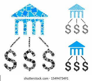 Bank structure mosaic of trembly parts in variable sizes and color tones, based on bank structure icon. Vector rough parts are united into collage. Bank structure icons collage with dotted pattern.