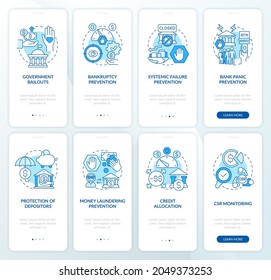 Bank supervision onboarding mobile app page screen set. Crisis prevention walkthrough 8 steps graphic instructions with concepts. UI, UX, GUI vector template with linear color illustrations