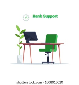 Bank support manager workplace semi flat RGB color vector illustration. Desk with computer for online consultation. Financial department workspace furniture isolated cartoon object on white background