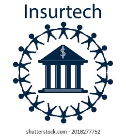 Bank symbol, circle of small people - vector. Insurance equipment for foreign exchange transactions. Insurtech concept.
