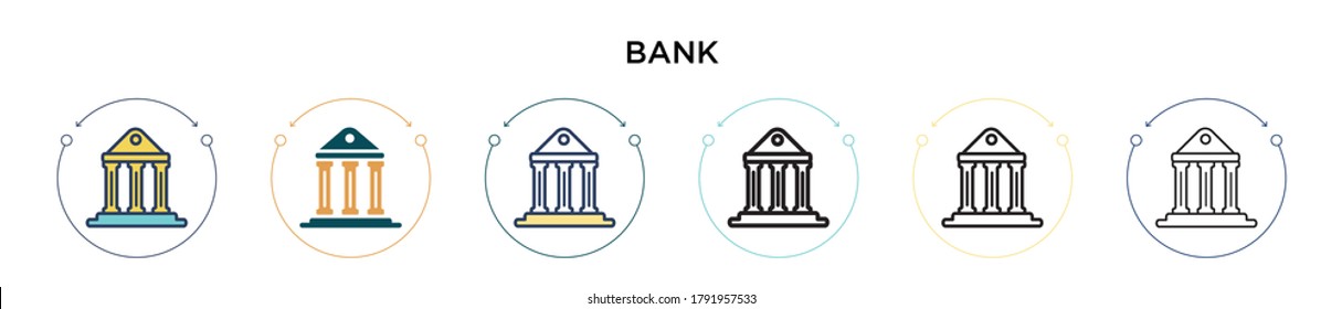 Bank symbol icon in filled, thin line, outline and stroke style. Vector illustration of two colored and black bank symbol vector icons designs can be used for mobile, ui, web