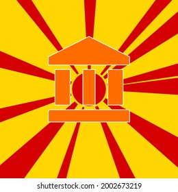 Bank symbol on a background of red flash explosion radial lines. The large orange symbol is located in the center of the sun, symbolizing the sunrise. Vector illustration on yellow background
