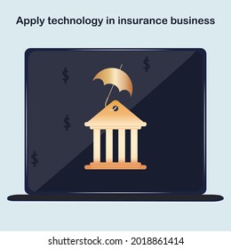 Bank Symbol On The Screen. Currency Operations. InsurTech Concept. Insurance Technology Concept. Technologies In The Insurance Business. Mobile Application Insurance.