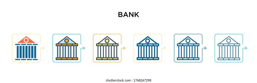 Bank symbol vector icon in 6 different modern styles. Black, two colored bank symbol icons designed in filled, outline, line and stroke style. Vector illustration can be used for web, mobile, ui