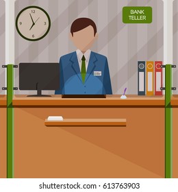 Bank teller behind the cash payment window. Vector illustration. 