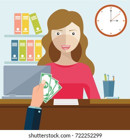 Bank teller behind window. Hand with cash. Books, cup, plant, clocks, computer and keypad terminal. Depositing money in bank account. People service and payment. Vector illustration in flat style