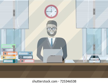 Bank teller behind window.  Vector illustration in flat style