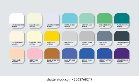 Bank Teller Color Guide Palette with Color Names. Catalog Sample Bank Tellers with RGB HEX codes and Names. Colors Palette, Bank Teller Color Palette, Fashion Trend bright Bank Teller Color Palette