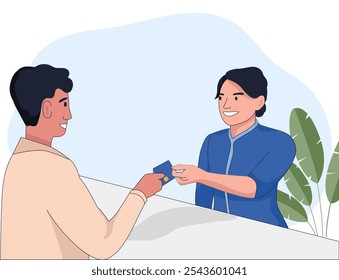 Bank teller giving new credit card to customer illustration