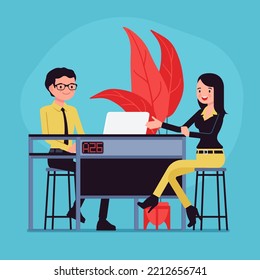 Bank Teller Good Customer Service. Male Employee Making Female Customer Promotion Of Financial Products, Check Cashing, Depositing, Transfers, Helping. Vector Creative Vibrant Botanical Illustration