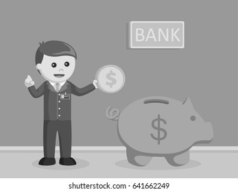 bank teller holding coins beside of giant piggy bank black and white style
