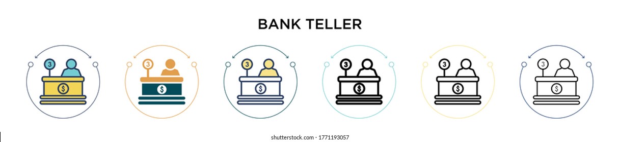 Bank teller icon in filled, thin line, outline and stroke style. Vector illustration of two colored and black bank teller vector icons designs can be used for mobile, ui, web