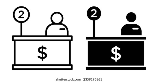 Bank teller icon set. cashier counter window vector symbol in black filled and outlined style.