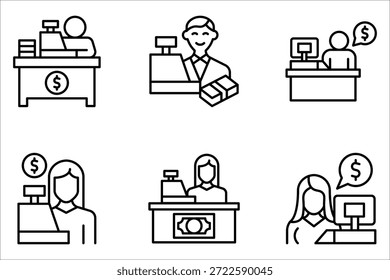 Bankschalter-Symbolsatz, einfaches Design einzeln auf weißem Hintergrund.