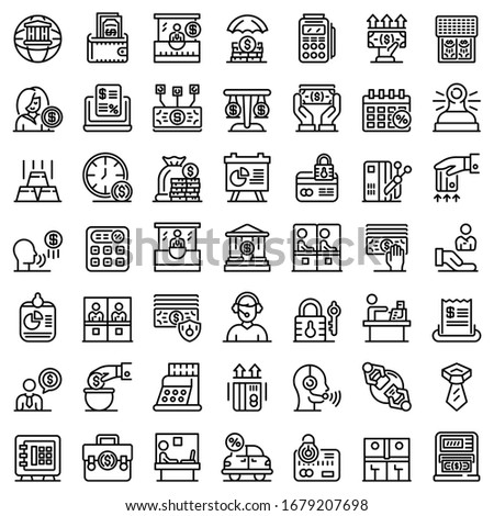 Bank teller icons set. Outline set of bank teller vector icons for web design isolated on white background