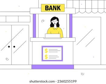 Bank teller line concept. Financial occupation. Young girl near cash. Banking service for customers. Assking to questions and guide, support for clients. Linear flat vector illustration