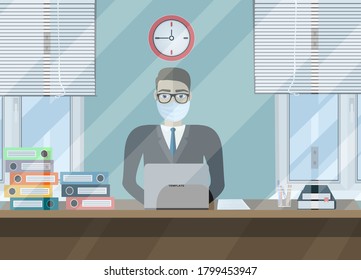 Bank Teller In Wearing Surgical Or Medical Face Mask Behind Window.  Vector Illustration In Flat Style