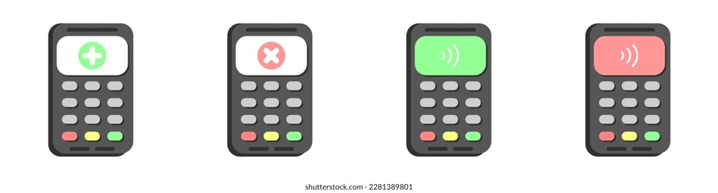 Bank terminal for card payment vector. Set of POS Terminals. Approved payment. Payment not approved. Data processing at the bank terminal. Purchase via NFC. Contactless payment.