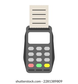 Bank terminal for card payment vector. POS Terminal. Payment template at the terminal, issuing a receipt. Data processing at the bank terminal. Purchase via NFC. Contactless payment.