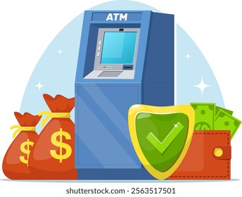 Bank terminal for cash withdrawal, ATM with shield and money. Stock vector illustration