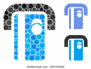 Bank terminal composition of round dots in different sizes and color hues, based on bank terminal icon. Vector round dots are united into blue composition.