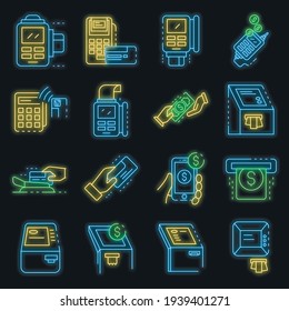 Bank terminal icons set. Outline set of bank terminal vector icons neon color on black