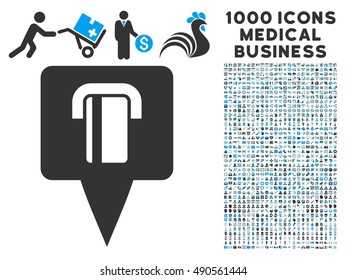 Bank Terminal Map Pointer icon with 1000 medical commerce gray and blue vector design elements. Collection style is flat bicolor symbols, white background.