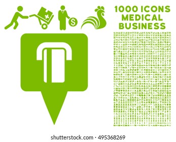 Bank Terminal Map Pointer icon with 1000 medical commercial eco green vector pictographs. Design style is flat symbols, white background.