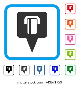Bank Terminal Map Pointer icon. Flat gray pictogram symbol in a blue rounded squared frame. Black, gray, green, blue, red, orange color versions of Bank Terminal Map Pointer vector.