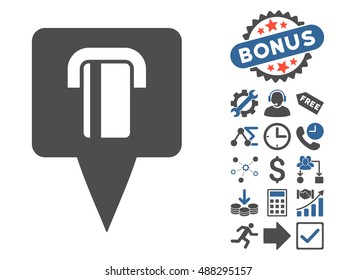 Bank Terminal Map Pointer pictograph with bonus elements. Vector illustration style is flat iconic bicolor symbols, cobalt and gray colors, white background.