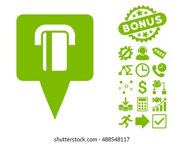 Bank Terminal Map Pointer pictograph with bonus elements. Vector illustration style is flat iconic symbols, eco green color, white background.