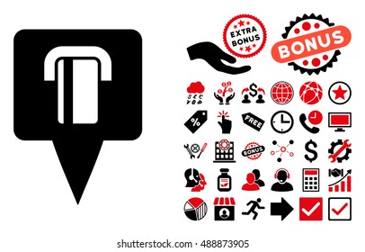 Bank Terminal Map Pointer pictograph with bonus images. Vector illustration style is flat iconic bicolor symbols, intensive red and black colors, white background.