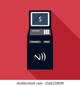 Bankterminal mit NFC-Vektorsymbol. Logo der Zahlungsstation oder der Terminalsysteme. Schatten. Trendy flache Illustration für App, Design, Infografik, Web, atm, ui. Einzeln auf Rot. Vektor EPS10