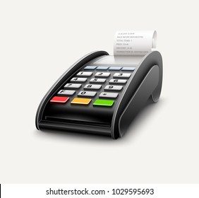 Bank terminal for payment purchases in store by credit cards and paper check receipt. Device for processing payments e-commerce. Eps10 vector illustration isolated on white background.