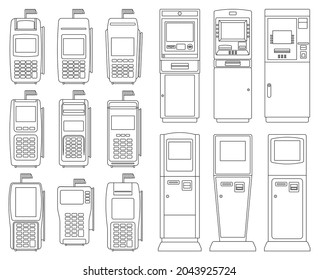 Bank terminal vector illustration on white background. Isolated outline set icon atm. Vector outline set icon bank terminal.