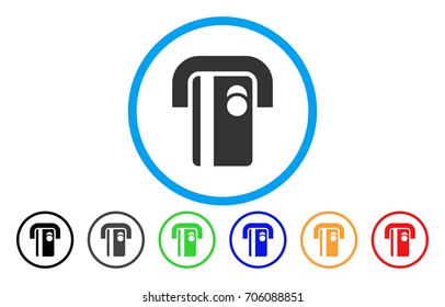 Bank Terminal vector rounded icon. Image style is a flat gray icon symbol inside a blue circle. Bonus color variants are grey, black, blue, green, red, orange.