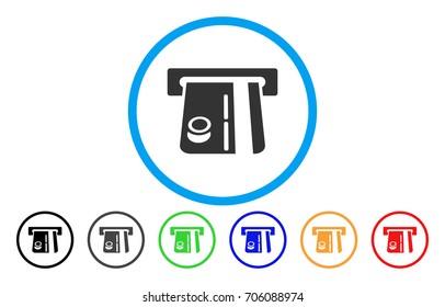 Bank Terminal vector rounded icon. Image style is a flat gray icon symbol inside a blue circle. Additional color versions are gray, black, blue, green, red, orange.
