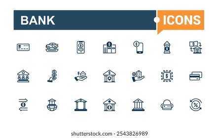 Bank thin line icon set. Featuring dollar, growth, currency, safe, finance and more. Outline icon collections. Editable vector stroke.