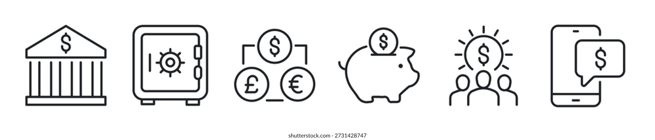 Conjunto de iconos de línea delgada de banco. Iconos mínimos de Web