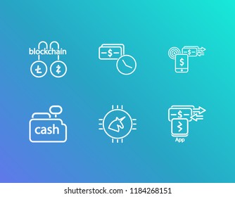 Bank transaction icon set and app payment with crypto fintech, blockchain litecoin zcash and loan money time. Mobile payment related bank transaction icon vector for web UI logo design.