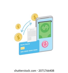 Bank Transfer Of Funds, Finance In Smartphone. Successful Debit, Credit Card Transaction With Check, Invoice, Receipt On Internet. 3d Golden Coins. Vector Cash Back. Refunds, Withdrawals. Business.