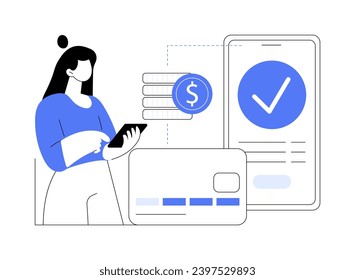 Bank transfer isolated cartoon vector illustrations. Girl gets the money on her bank account, holding card and phone, remote work payment, freelancers payroll, digital nomad vector cartoon.