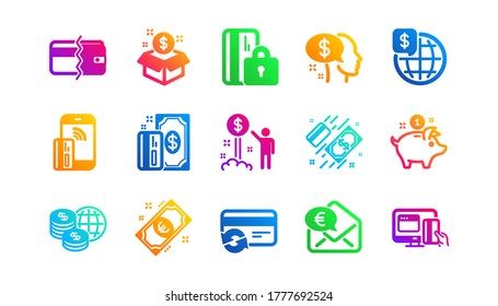 Bank transfer, Piggy bank and Credit card. Money payment icons. Cash classic icon set. Gradient patterns. Quality signs set. Vector